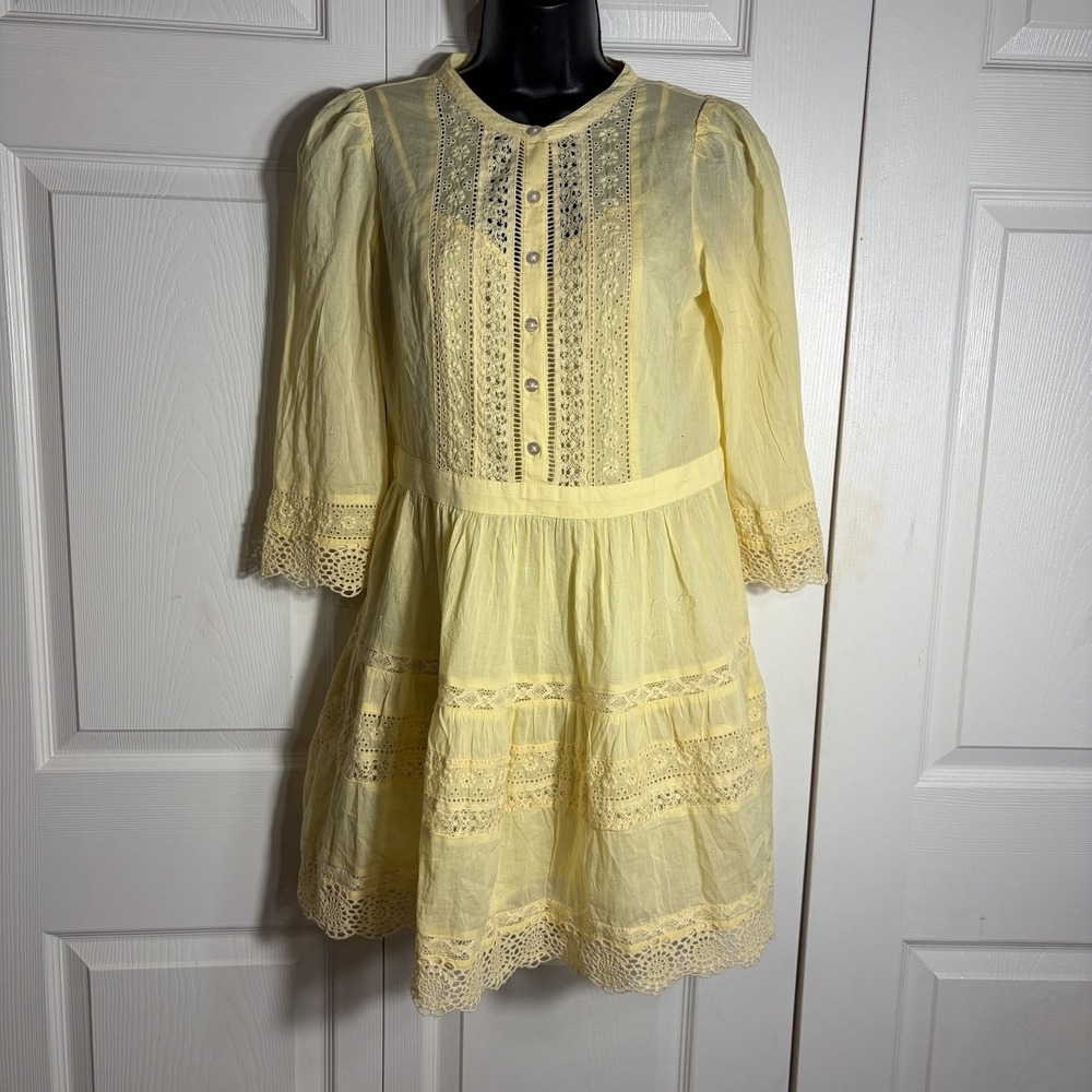 Gap Lace Trim Mini Dress Women XS Yellow Tiered 100% Cotton Slip Lining Boho